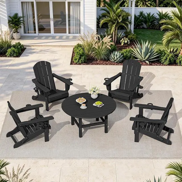 Main image of 5-Piece Outdoor Furniture Set, Round Coffee Table with Umbrella Hole & Adirondack Chairs with Cup Holders, Black
