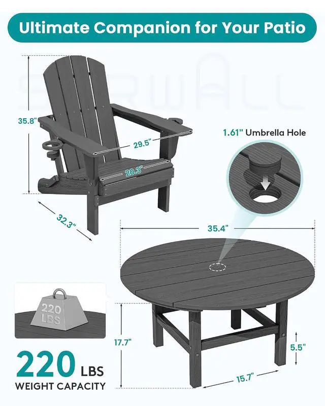 Alt view image 2 of 7 - 6-Piece Patio Set, 4 Folding Adirondack Chairs with Cup Holders, Round Table & Center Pole Umbrella, HDPE Plastic, Grey