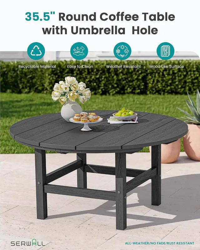 Alt view image 3 of 7 - 6-Piece Patio Set, 4 Folding Adirondack Chairs with Cup Holders, Round Table & Center Pole Umbrella, HDPE Plastic, Grey