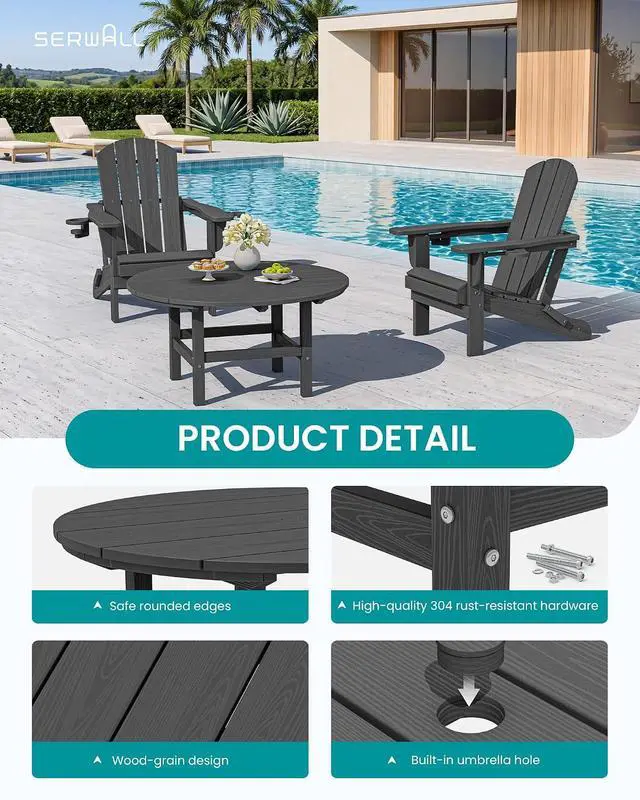 Alt view image 4 of 7 - 6-Piece Patio Set, 4 Folding Adirondack Chairs with Cup Holders, Round Table & Center Pole Umbrella, HDPE Plastic, Grey