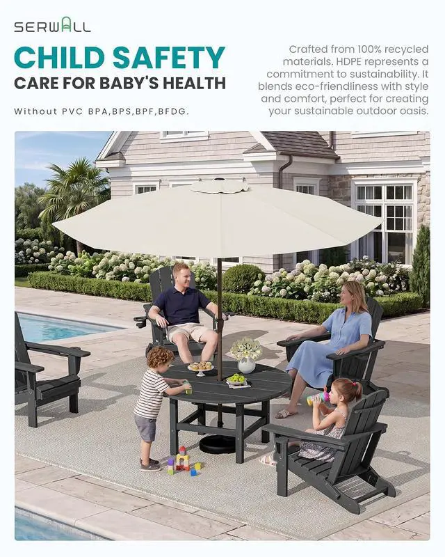 Alt view image 6 of 7 - 6-Piece Patio Set, 4 Folding Adirondack Chairs with Cup Holders, Round Table & Center Pole Umbrella, HDPE Plastic, Grey