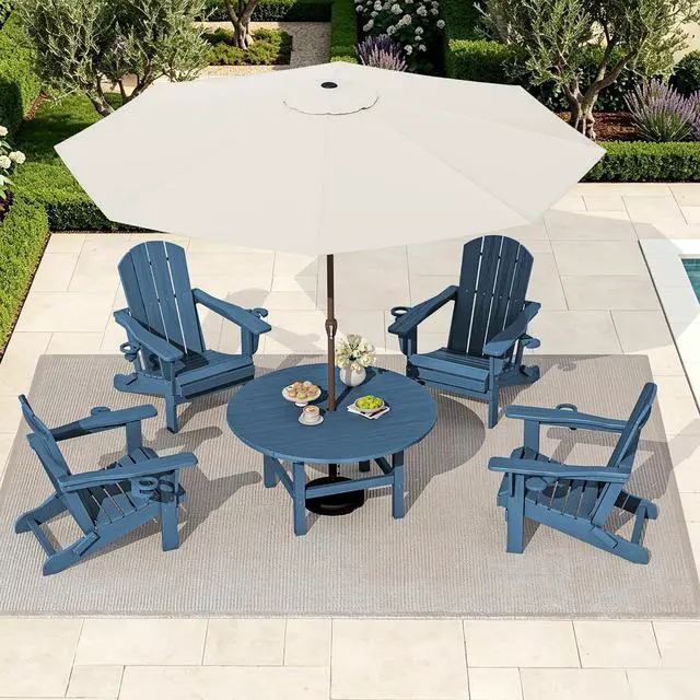 Main image of 6-Piece Patio Set, 4 Folding Adirondack Chairs with Cup Holders, Round Table & Center Pole Umbrella, HDPE Plastic, Blue