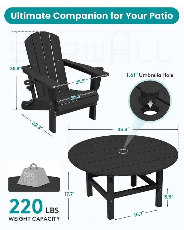 Alt view image 2 of 7 - 5-Piece Outdoor Furniture Set, Round Coffee Table with Umbrella Hole & Adirondack Chairs with Cup Holders, Black