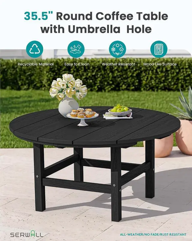 Alt view image 3 of 7 - 5-Piece Outdoor Furniture Set, Round Coffee Table with Umbrella Hole & Adirondack Chairs with Cup Holders, Black