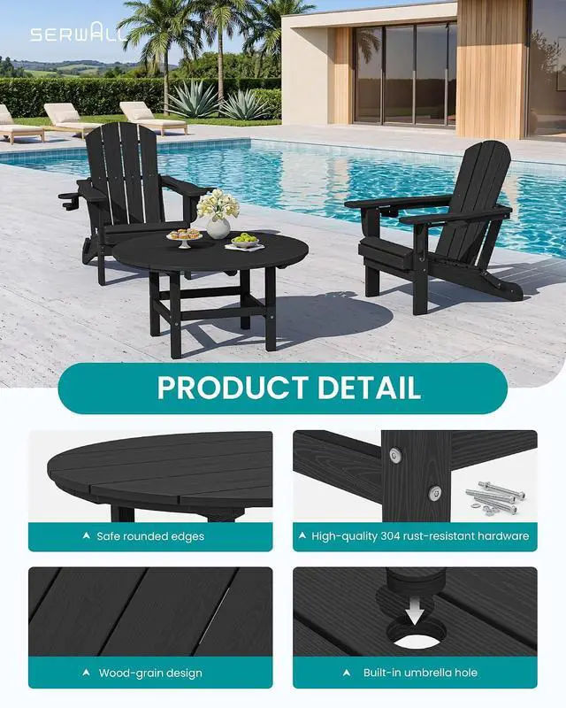 Alt view image 4 of 7 - 5-Piece Outdoor Furniture Set, Round Coffee Table with Umbrella Hole & Adirondack Chairs with Cup Holders, Black