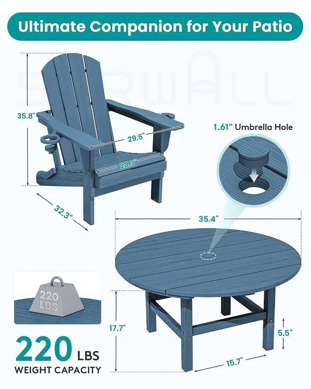 Alt view image 2 of 7 - 6-Piece Patio Set, 4 Folding Adirondack Chairs with Cup Holders, Round Table & Center Pole Umbrella, HDPE Plastic, Blue