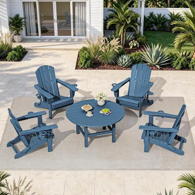 Alt view image 2 of 7 - 35.5'' Round Outdoor Table with Umbrella Hole, HDPE Weatherproof Coffee Table, Blue