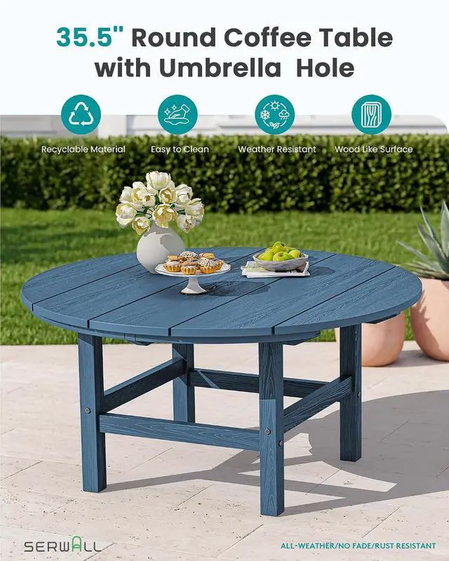 Alt view image 3 of 7 - 6-Piece Patio Set, 4 Folding Adirondack Chairs with Cup Holders, Round Table & Center Pole Umbrella, HDPE Plastic, Blue