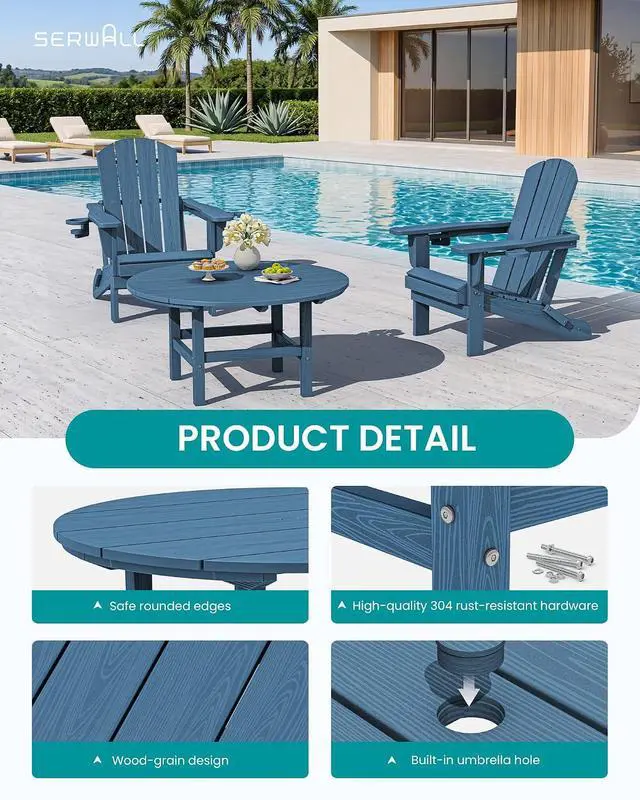 Alt view image 4 of 7 - 6-Piece Patio Set, 4 Folding Adirondack Chairs with Cup Holders, Round Table & Center Pole Umbrella, HDPE Plastic, Blue