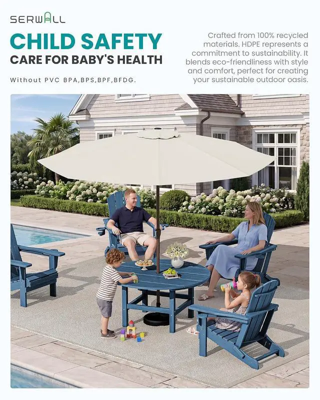 Alt view image 6 of 7 - 6-Piece Patio Set, 4 Folding Adirondack Chairs with Cup Holders, Round Table & Center Pole Umbrella, HDPE Plastic, Blue
