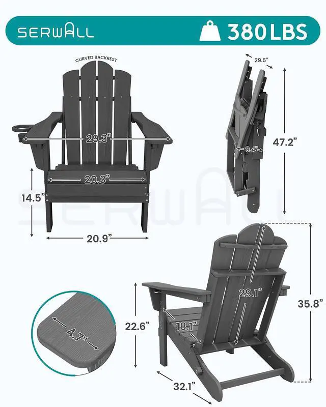 Alt view image 2 of 7 - Adjustable Folding Adirondack Chairs Set of 2, HDPE Reclining Adirondack Chairs with Cup Holder for Outdoor, Patio, Backyard Deck, Gray