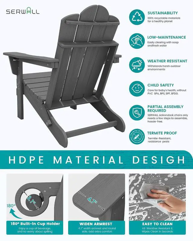 Alt view image 4 of 7 - Adjustable Folding Adirondack Chairs Set of 2, HDPE Reclining Adirondack Chairs with Cup Holder for Outdoor, Patio, Backyard Deck, Gray