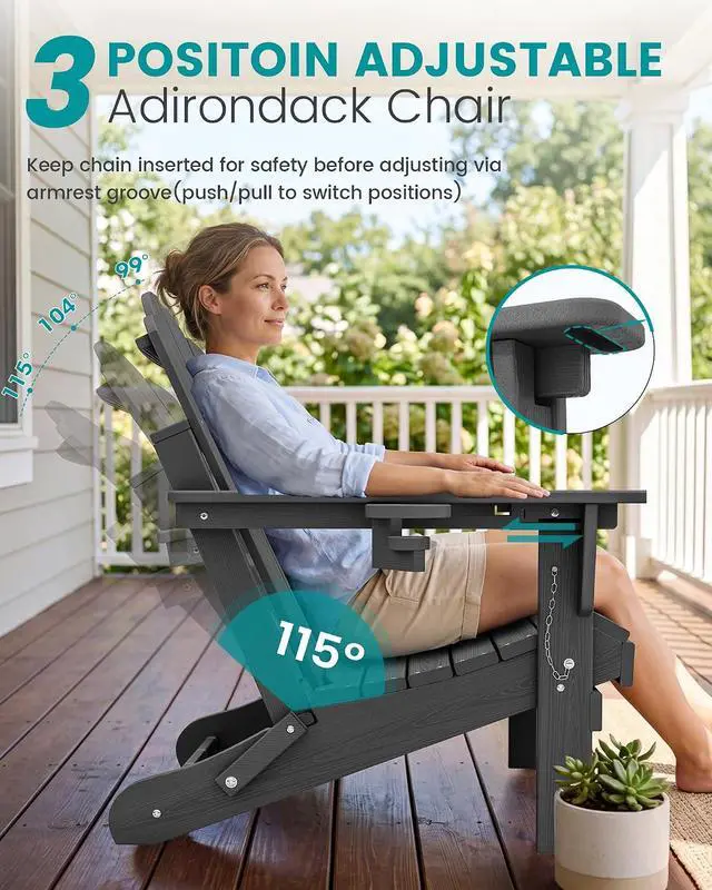 Alt view image 3 of 7 - Adjustable Folding Adirondack Chairs Set of 2, HDPE Reclining Adirondack Chairs with Cup Holder for Outdoor, Patio, Backyard Deck, Gray