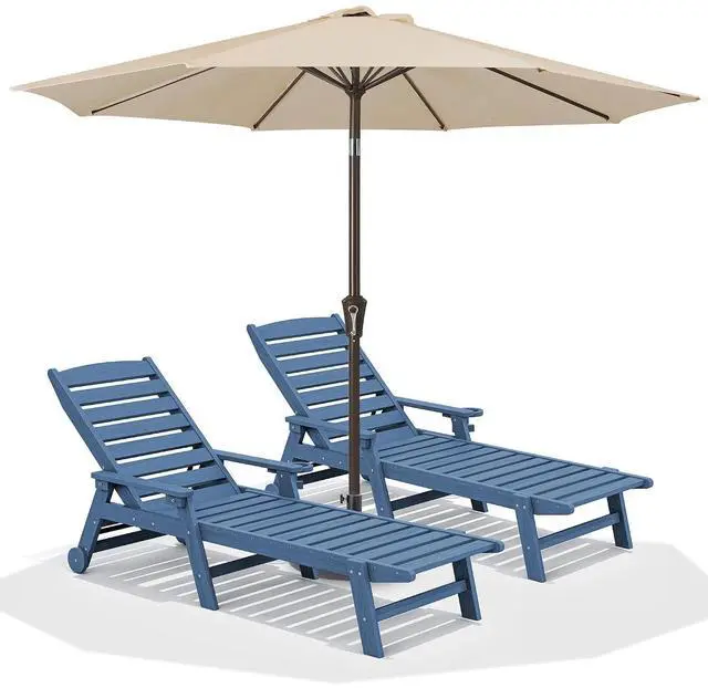 Main image of Patio Chaise Lounge Chair Set of 2 with 9FT Patio Umbrella, Blue (Umbreall Base not Included)