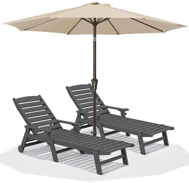 Main image of Patio Chaise Lounge Chair Set of 2 with 9FT Patio Umbrella, 78'' HDPE Outdoor Lounger, Poly Lounge Chair with Rolling Wheels & Cup Holder for Pool,Slate Gray (Umbreall Base not Included)