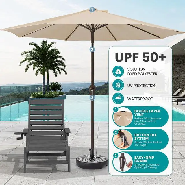 Alt view image 4 of 7 - Patio Chaise Lounge Chair Set of 2 with 9FT Patio Umbrella, 78'' HDPE Outdoor Lounger, Poly Lounge Chair with Rolling Wheels & Cup Holder for Pool,Slate Gray (Umbreall Base not Included)