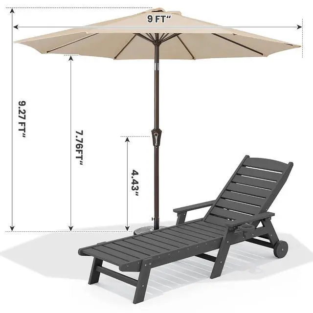 Alt view image 3 of 7 - Patio Chaise Lounge Chair Set of 2 with 9FT Patio Umbrella, 78'' HDPE Outdoor Lounger, Poly Lounge Chair with Rolling Wheels & Cup Holder for Pool,Slate Gray (Umbreall Base not Included)