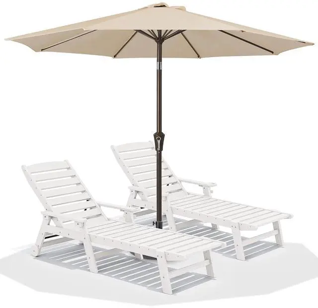 Main image of Patio Chaise Lounge Chair Set of 2 with 9FT Patio Umbrella, 78'' HDPE Outdoor Lounger, Poly Lounge Chair with Rolling Wheels & Cup Holder for Pool,Light White (Umbreall Base not Included)