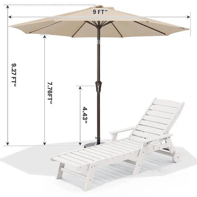 Alt view image 3 of 7 - Patio Chaise Lounge Chair Set of 2 with 9FT Patio Umbrella, 78'' HDPE Outdoor Lounger, Poly Lounge Chair with Rolling Wheels & Cup Holder for Pool,Light White (Umbreall Base not Included)