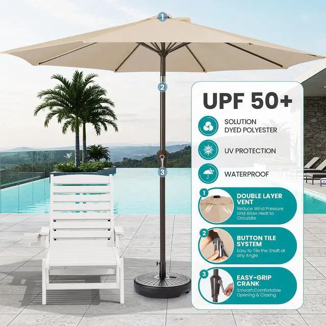 Alt view image 4 of 7 - Patio Chaise Lounge Chair Set of 2 with 9FT Patio Umbrella, 78'' HDPE Outdoor Lounger, Poly Lounge Chair with Rolling Wheels & Cup Holder for Pool,Light White (Umbreall Base not Included)
