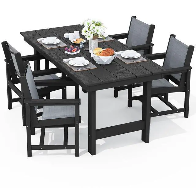 Main image of 5 Piece Outdoor Dining Table Sets for 4 with 1 Umbrella Hole Cut-Out Rectangular Table and 4 Textilene Chairs, HDPE Dining Table Sets for Garden, Backyard, Poolside, Black