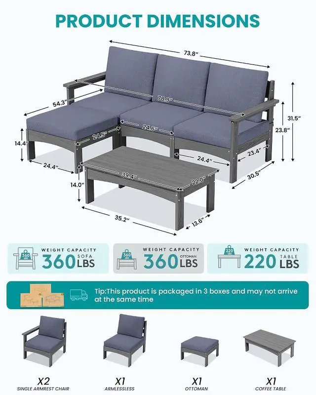 Alt view image 2 of 7 - 5-Piece Patio Sofas, All-Weather HDPE Outdoor Sectional Sofa with Cushions and Coffee Table, Large Modular Patio Conversation Set for Garden, Lawn, Deck, Porch, Grey Frame with Grey Cushion
