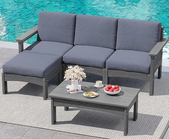 Main image of 5-Piece Patio Sofas, All-Weather HDPE Outdoor Sectional Sofa with Cushions and Coffee Table, Large Modular Patio Conversation Set for Garden, Lawn, Deck, Porch, Grey Frame with Grey Cushion
