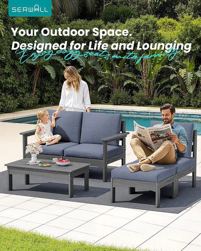 Alt view image 3 of 7 - 5-Piece Patio Sofas, All-Weather HDPE Outdoor Sectional Sofa with Cushions and Coffee Table, Large Modular Patio Conversation Set for Garden, Lawn, Deck, Porch, Grey Frame with Grey Cushion