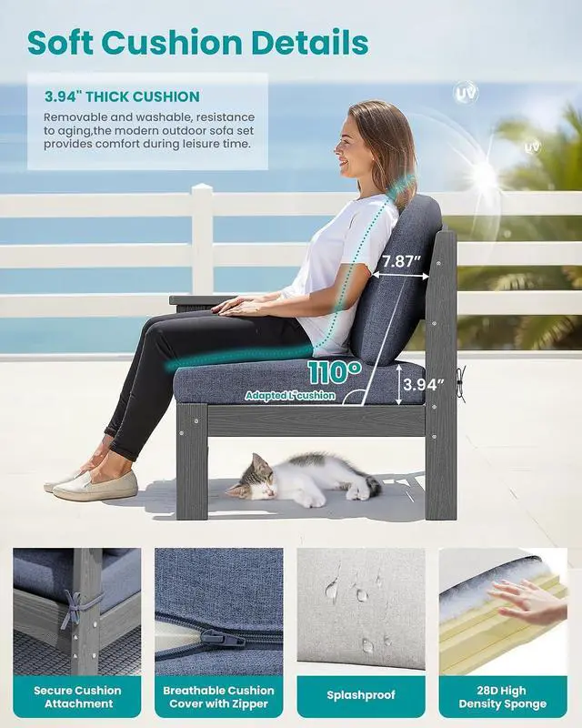 Alt view image 5 of 7 - 5-Piece Patio Sofas, All-Weather HDPE Outdoor Sectional Sofa with Cushions and Coffee Table, Large Modular Patio Conversation Set for Garden, Lawn, Deck, Porch, Grey Frame with Grey Cushion