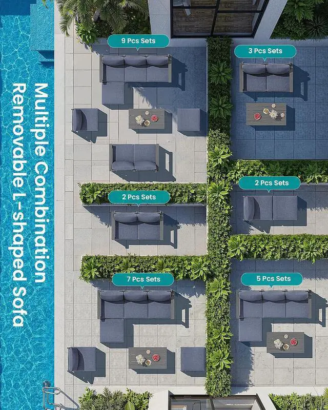 Alt view image 4 of 7 - 5-Piece Patio Sofas, All-Weather HDPE Outdoor Sectional Sofa with Cushions and Coffee Table, Large Modular Patio Conversation Set for Garden, Lawn, Deck, Porch, Grey Frame with Grey Cushion