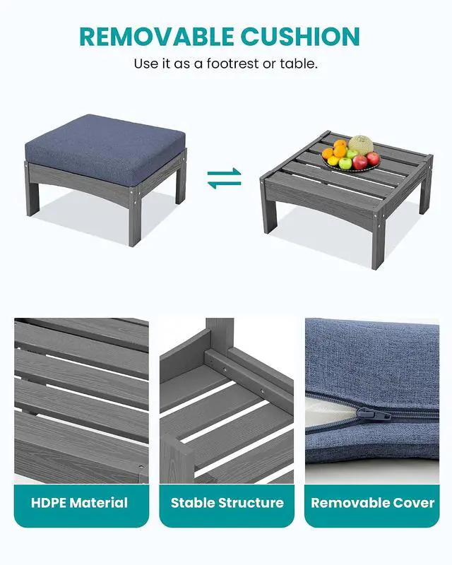 Alt view image 6 of 7 - 5-Piece Patio Sofas, All-Weather HDPE Outdoor Sectional Sofa with Cushions and Coffee Table, Large Modular Patio Conversation Set for Garden, Lawn, Deck, Porch, Grey Frame with Grey Cushion