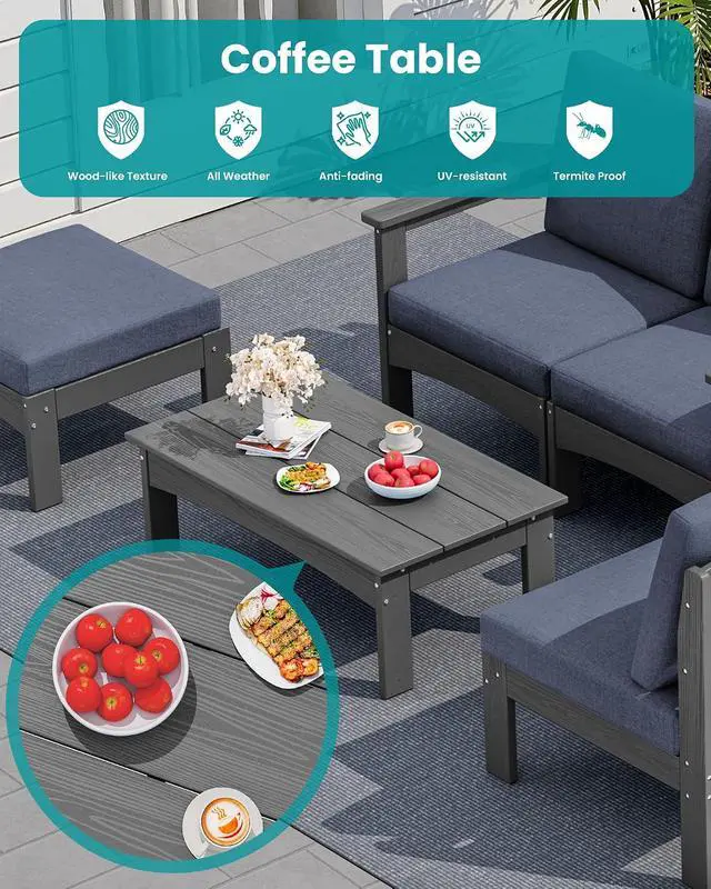 Alt view image 7 of 7 - 5-Piece Patio Sofas, All-Weather HDPE Outdoor Sectional Sofa with Cushions and Coffee Table, Large Modular Patio Conversation Set for Garden, Lawn, Deck, Porch, Grey Frame with Grey Cushion