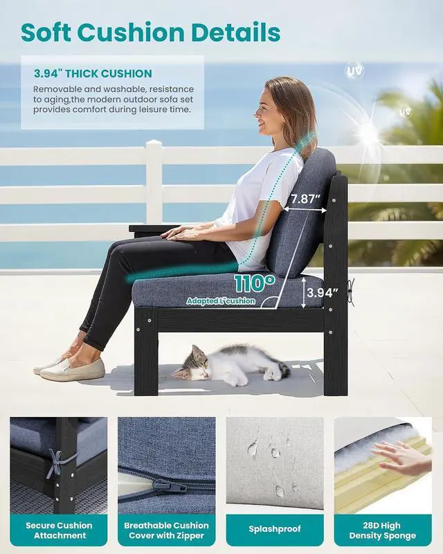 Alt view image 4 of 7 - 5-Piece Patio Sofas, All-Weather HDPE Outdoor Sectional Sofa with Cushions and Coffee Table, Large Modular Patio Conversation Set for Garden, Lawn, Deck, Porch, Black Frame with Grey Cushion