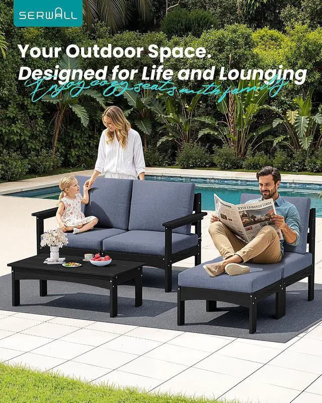 Alt view image 3 of 7 - 5-Piece Patio Sofas, All-Weather HDPE Outdoor Sectional Sofa with Cushions and Coffee Table, Large Modular Patio Conversation Set for Garden, Lawn, Deck, Porch, Black Frame with Grey Cushion
