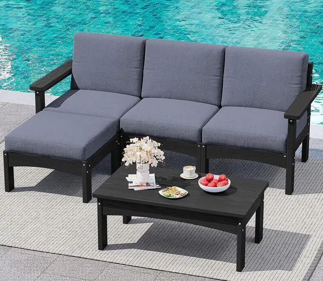 Main image of 5-Piece Patio Sofas, All-Weather HDPE Outdoor Sectional Sofa with Cushions and Coffee Table, Large Modular Patio Conversation Set for Garden, Lawn, Deck, Porch, Black Frame with Grey Cushion