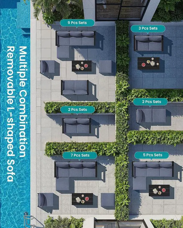Alt view image 5 of 7 - 5-Piece Patio Sofas, All-Weather HDPE Outdoor Sectional Sofa with Cushions and Coffee Table, Large Modular Patio Conversation Set for Garden, Lawn, Deck, Porch, Black Frame with Grey Cushion