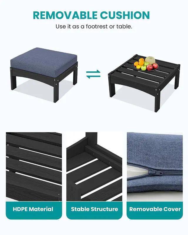 Alt view image 7 of 7 - 5-Piece Patio Sofas, All-Weather HDPE Outdoor Sectional Sofa with Cushions and Coffee Table, Large Modular Patio Conversation Set for Garden, Lawn, Deck, Porch, Black Frame with Grey Cushion