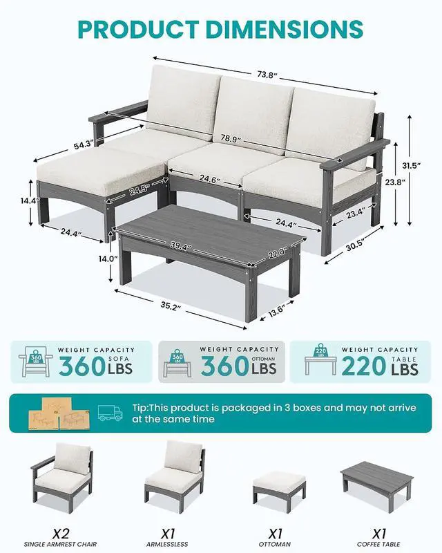 Alt view image 2 of 7 - 5-Piece Patio Sofas, All-Weather HDPE Outdoor Sectional Sofa with Cushions and Coffee Table, Large Modular Patio Conversation Set for Garden, Lawn, Deck, Porch, Grey Frame with Khaki Cushion