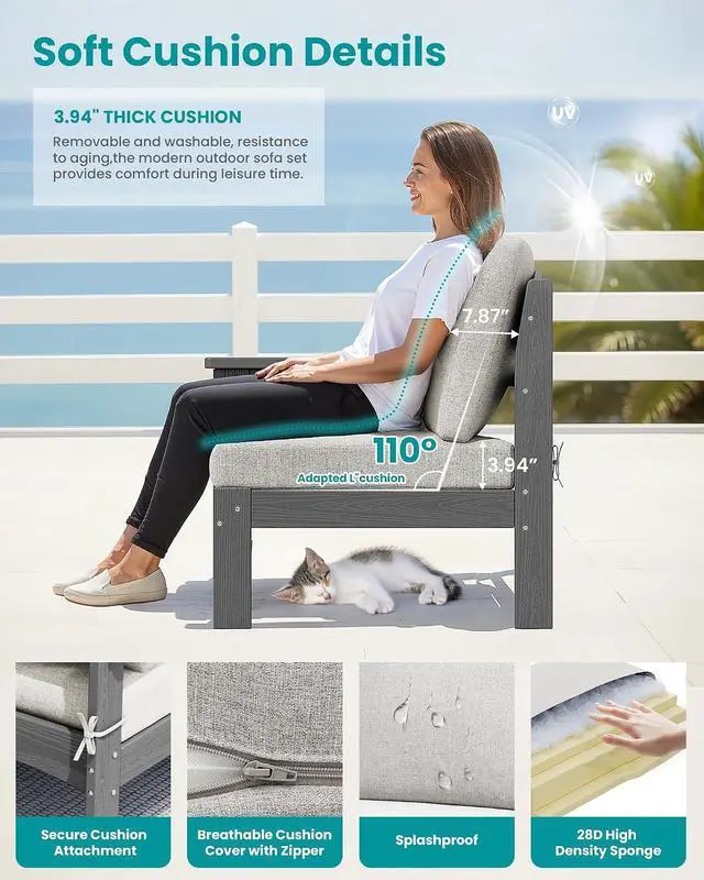 Alt view image 5 of 7 - 5-Piece Patio Sofas, All-Weather HDPE Outdoor Sectional Sofa with Cushions and Coffee Table, Large Modular Patio Conversation Set for Garden, Lawn, Deck, Porch, Grey Frame with Khaki Cushion