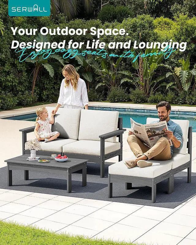 Alt view image 3 of 7 - 5-Piece Patio Sofas, All-Weather HDPE Outdoor Sectional Sofa with Cushions and Coffee Table, Large Modular Patio Conversation Set for Garden, Lawn, Deck, Porch, Grey Frame with Khaki Cushion