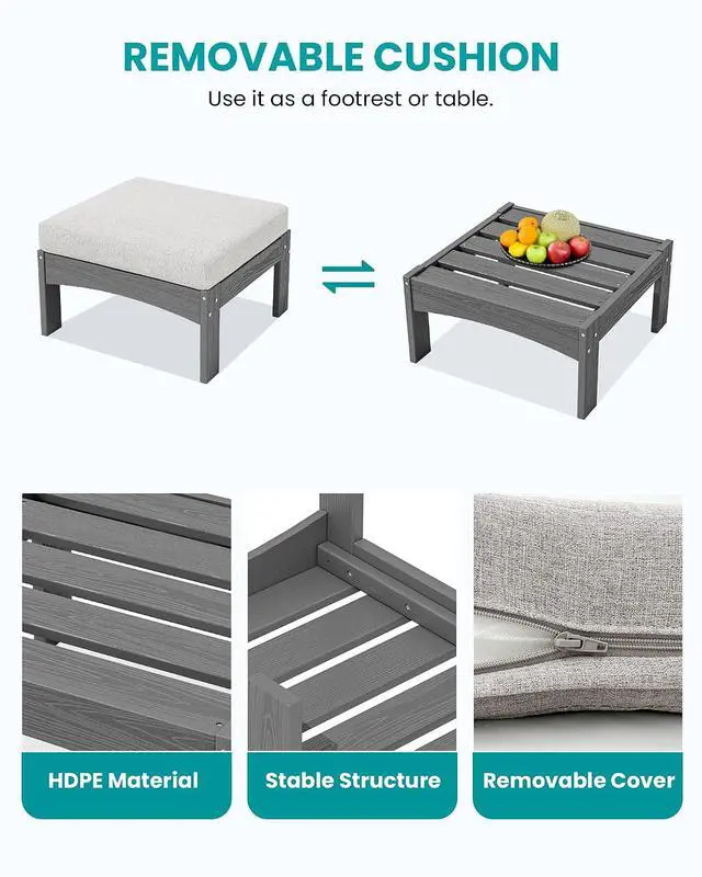 Alt view image 7 of 7 - 5-Piece Patio Sofas, All-Weather HDPE Outdoor Sectional Sofa with Cushions and Coffee Table, Large Modular Patio Conversation Set for Garden, Lawn, Deck, Porch, Grey Frame with Khaki Cushion
