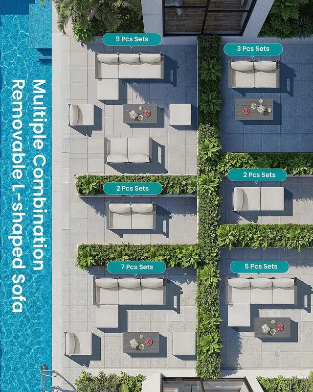 Alt view image 4 of 7 - 5-Piece Patio Sofas, All-Weather HDPE Outdoor Sectional Sofa with Cushions and Coffee Table, Large Modular Patio Conversation Set for Garden, Lawn, Deck, Porch, Grey Frame with Khaki Cushion