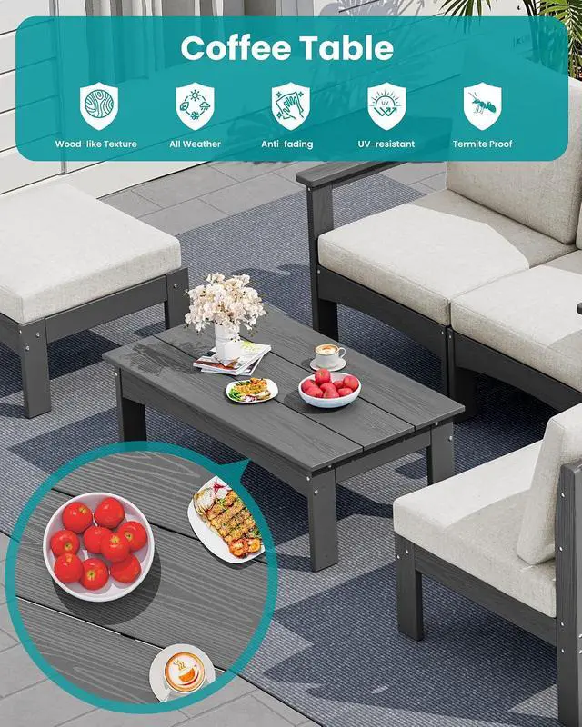 Alt view image 6 of 7 - 5-Piece Patio Sofas, All-Weather HDPE Outdoor Sectional Sofa with Cushions and Coffee Table, Large Modular Patio Conversation Set for Garden, Lawn, Deck, Porch, Grey Frame with Khaki Cushion