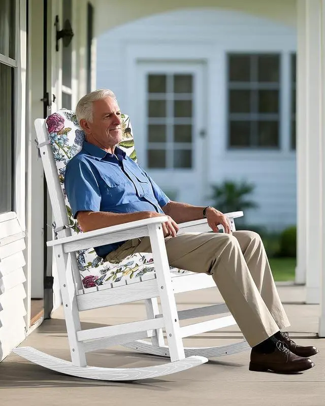 Alt view image 2 of 7 - SEWALL Oversized Outdoor Rocking Chair with Cushion, Patio Rocking Chairs for Porch, White HDPR Rocker+Flower Cushion