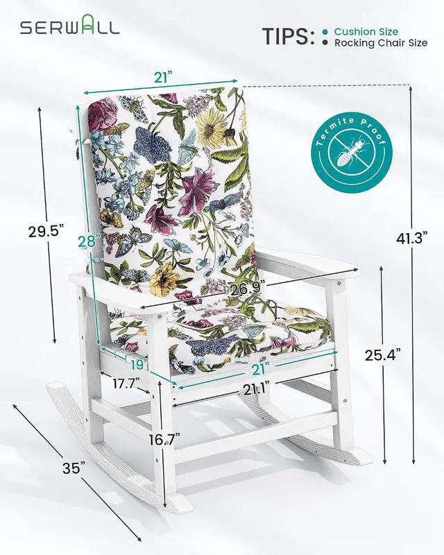 Alt view image 3 of 7 - SEWALL Oversized Outdoor Rocking Chair with Cushion, Patio Rocking Chairs for Porch, White HDPR Rocker+Flower Cushion