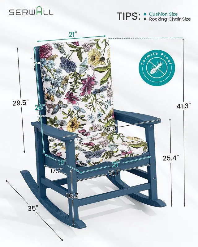 Alt view image 3 of 7 - SEWALL Oversized Outdoor Rocking Chair with Cushion, Patio Rocking Chairs for Porch, Blue HDPR Rocker+Flower Cushion