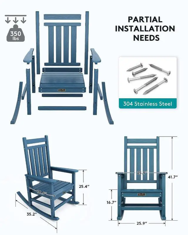 Alt view image 3 of 6 - Outdoor Rocking Chair Set of 2,Patio Rocking Chairs for Adult, All Weather Resistant Porch Rockers for Lawn Garden, Blue