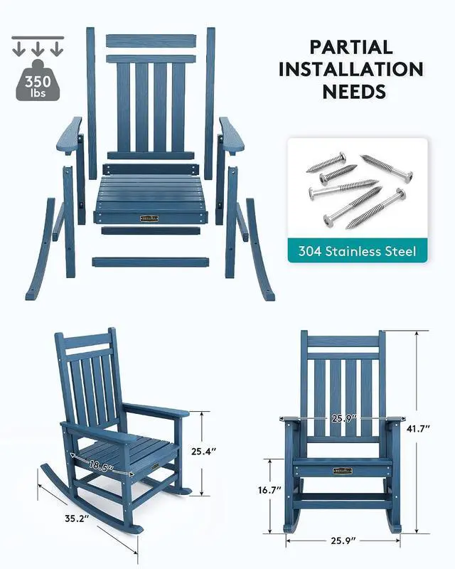 Alt view image 3 of 6 - HDPE Outdoor Rocking Chair, HDPE Rocking Chair for Adult, Blue