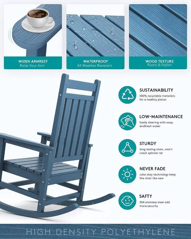 Alt view image 4 of 6 - Outdoor Rocking Chair Set of 2,Patio Rocking Chairs for Adult, All Weather Resistant Porch Rockers for Lawn Garden, Blue