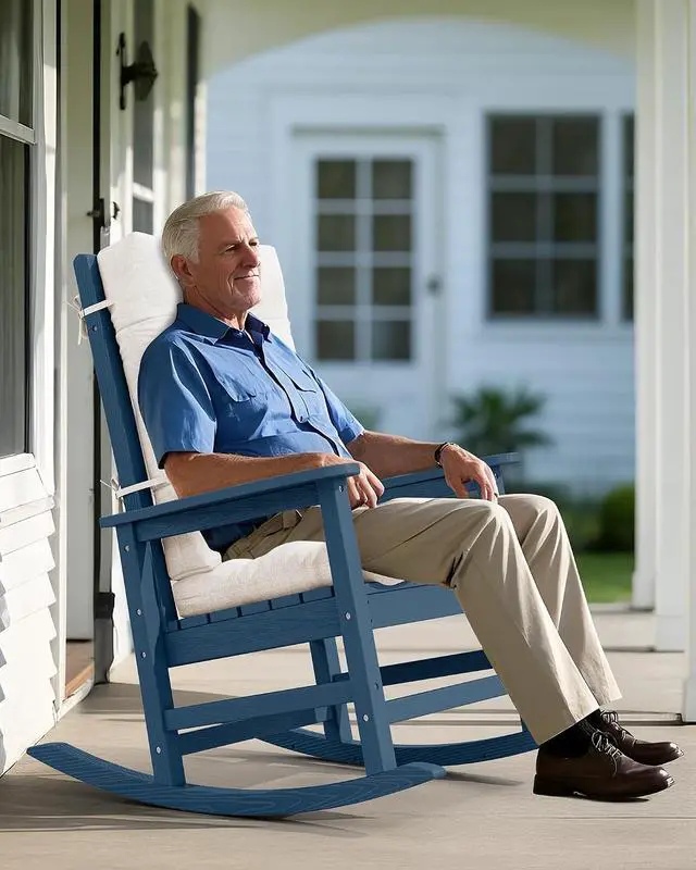 Alt view image 2 of 7 - SEWALL Oversized Outdoor Rocking Chair with Cushion, Patio Rocking Chairs for Porch, Blue HDPE Rocker+Beige Cushion